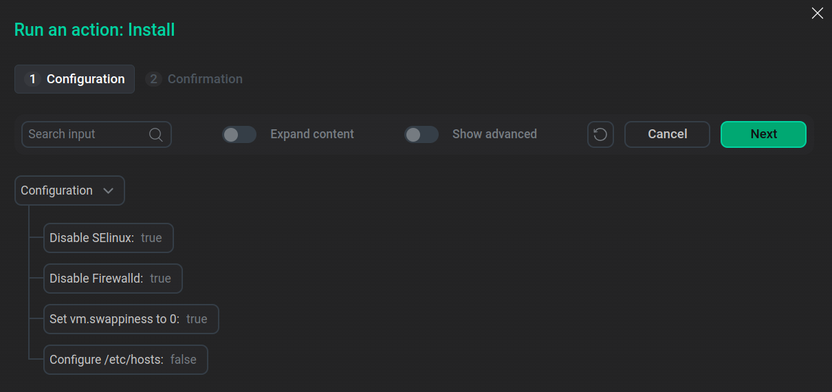 Select parameters for installation