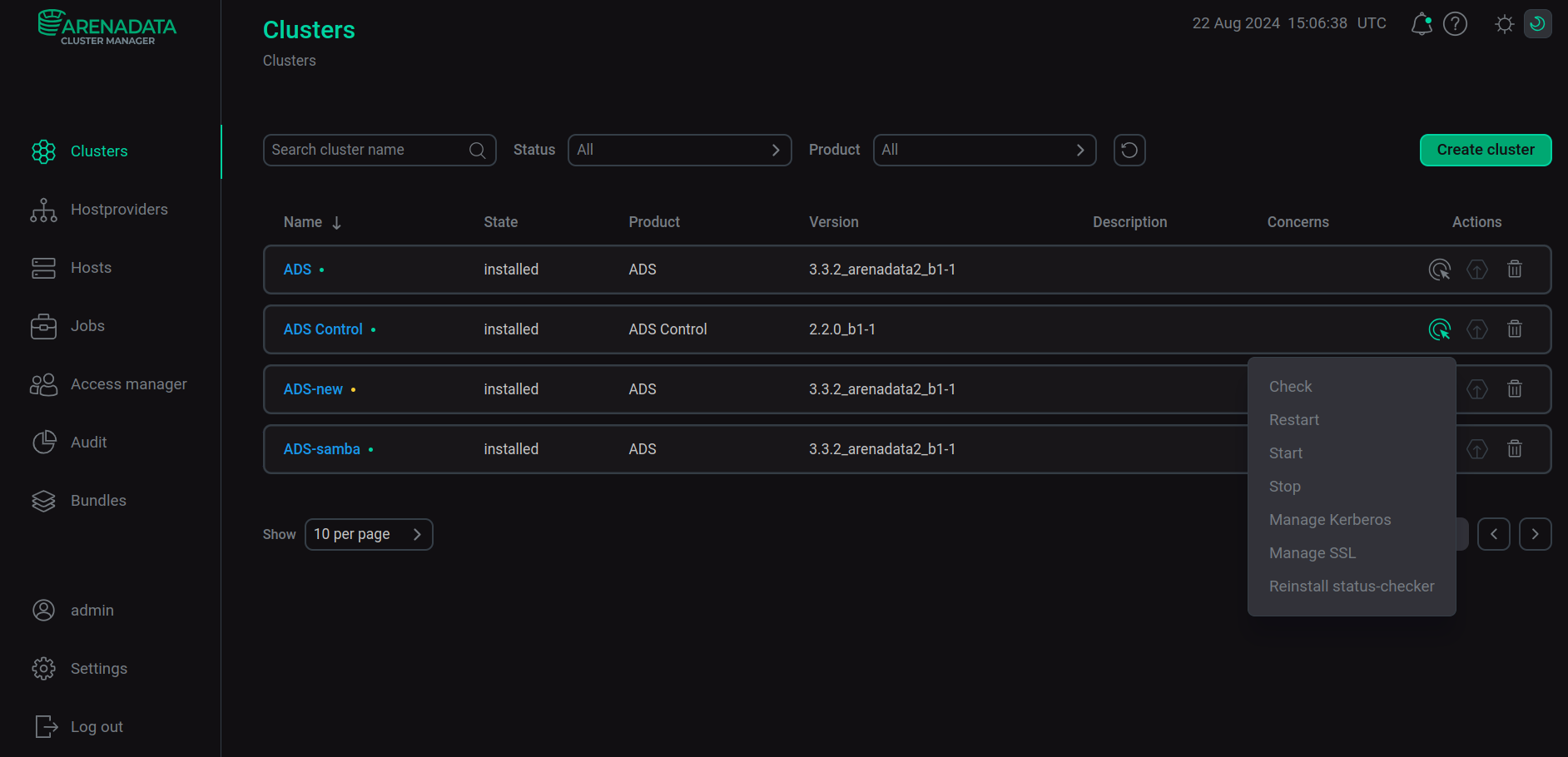 Actions for working with the ADS Control cluster