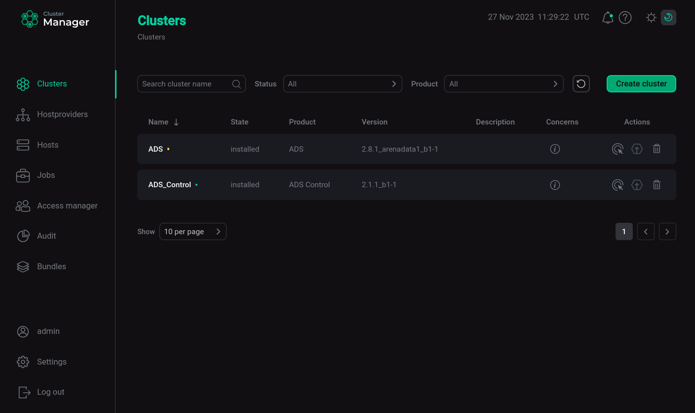 Clusters page