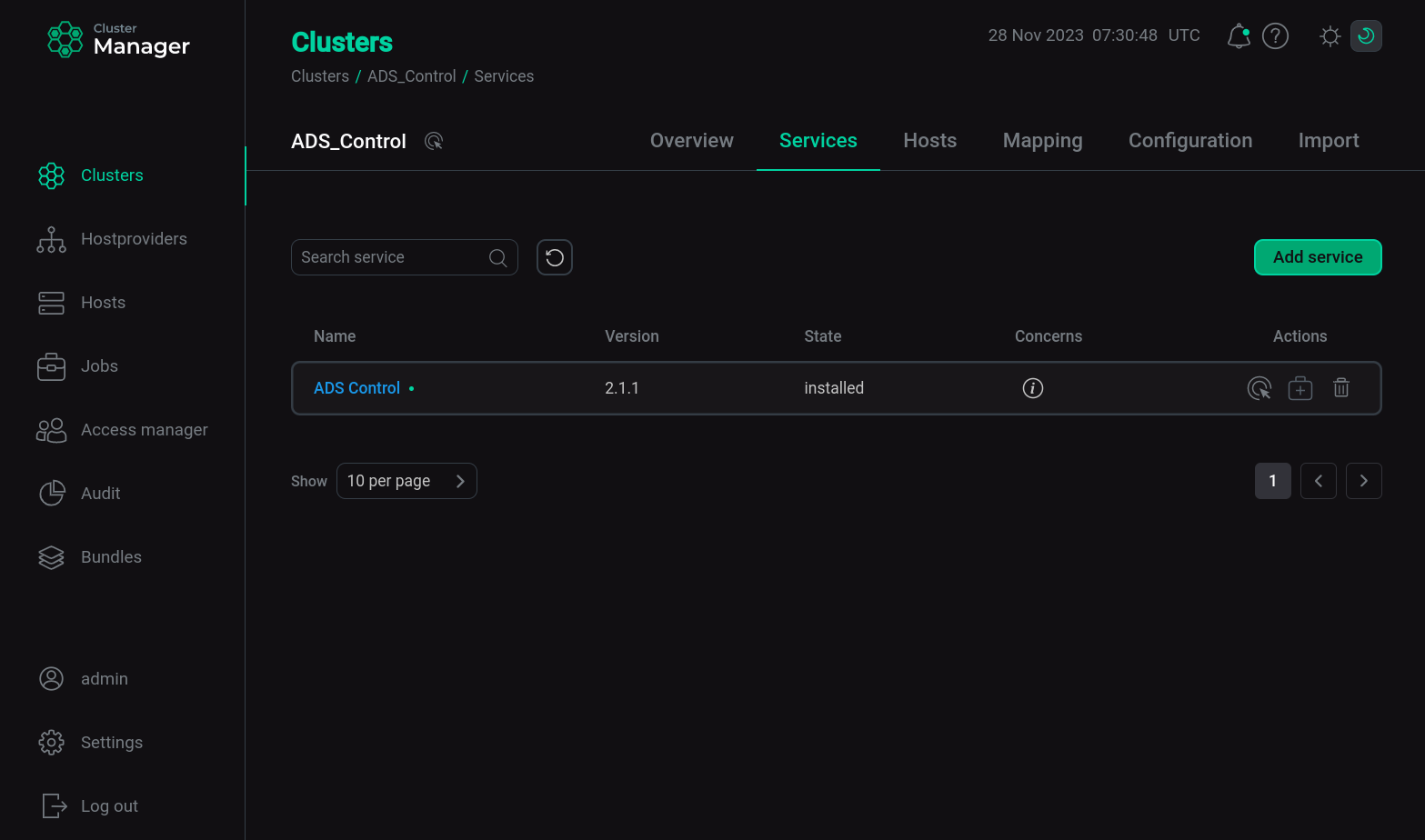 ADS Control cluster service in the ADCM interface