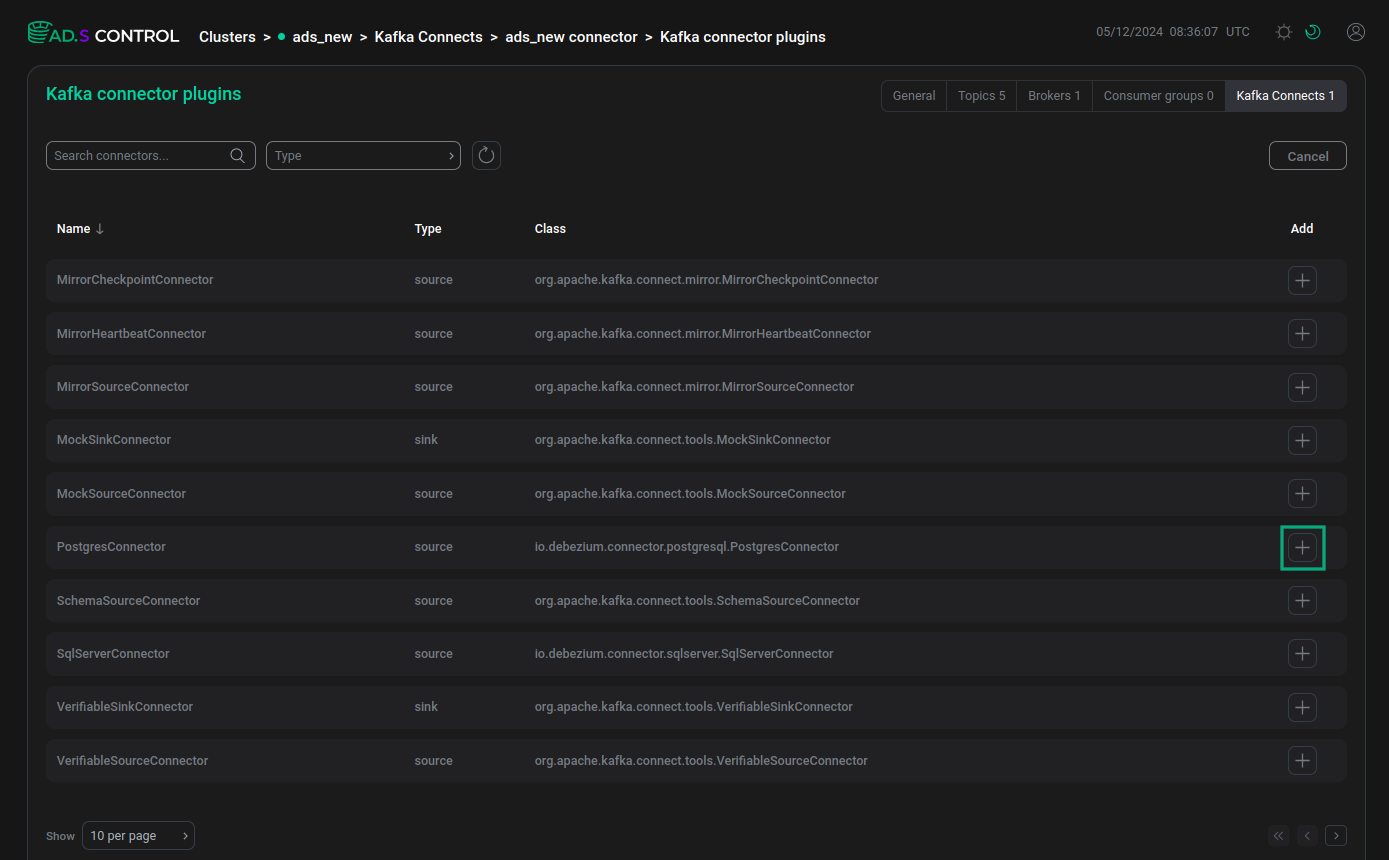 Selecting the Kafka Connect connector to create