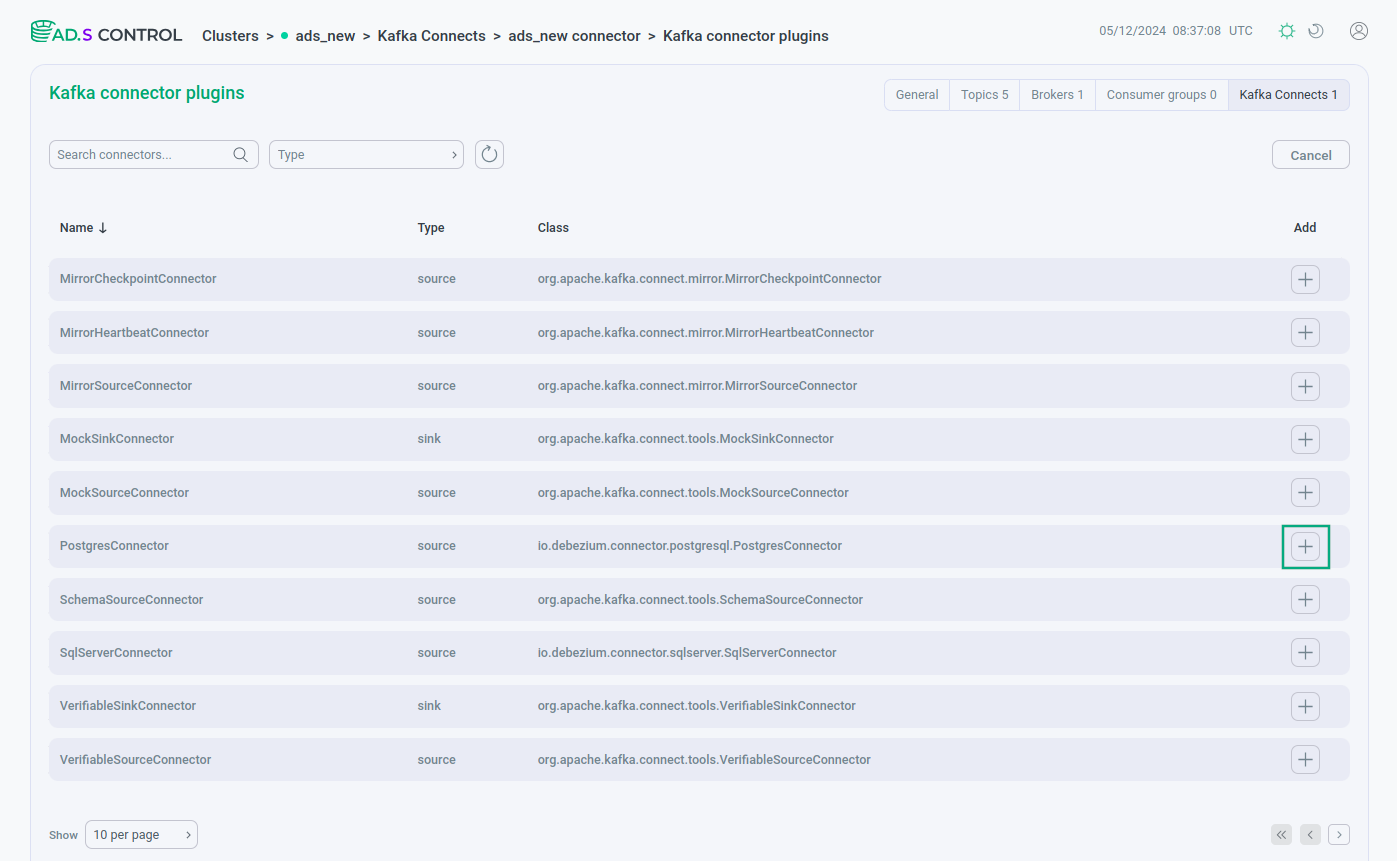Selecting the Kafka Connect connector to create