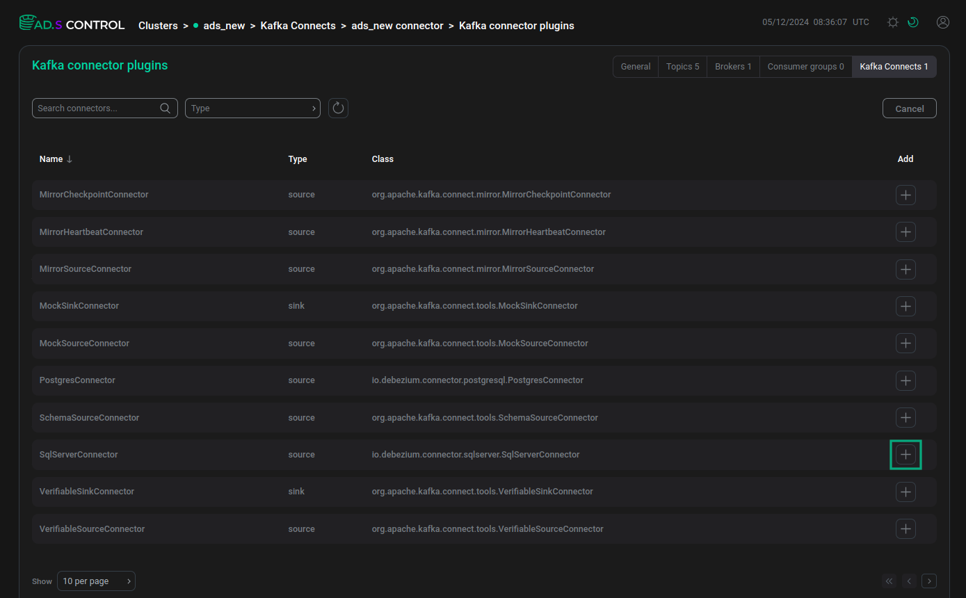 Selecting the Kafka Connect connector to create