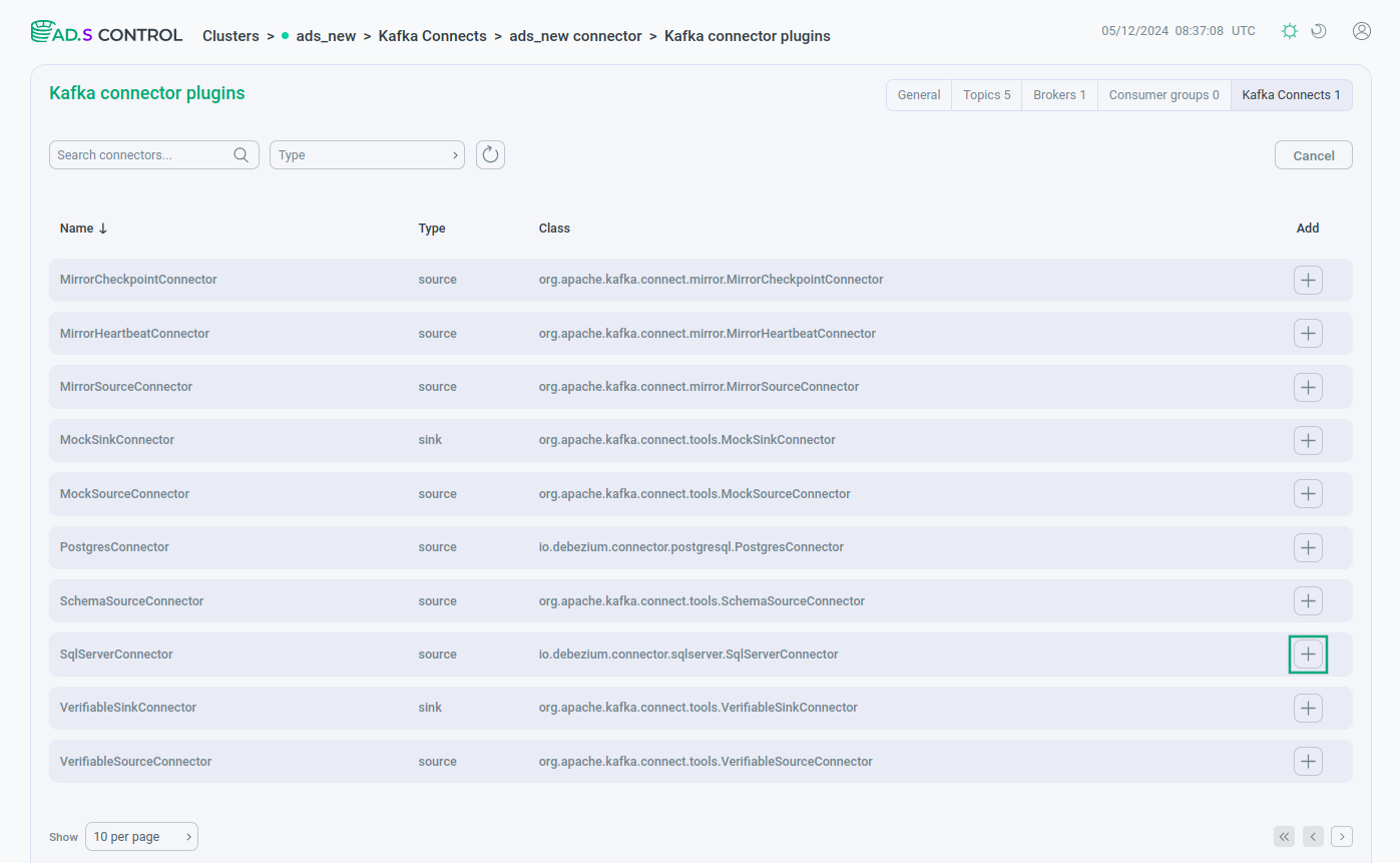 Selecting the Kafka Connect connector to create