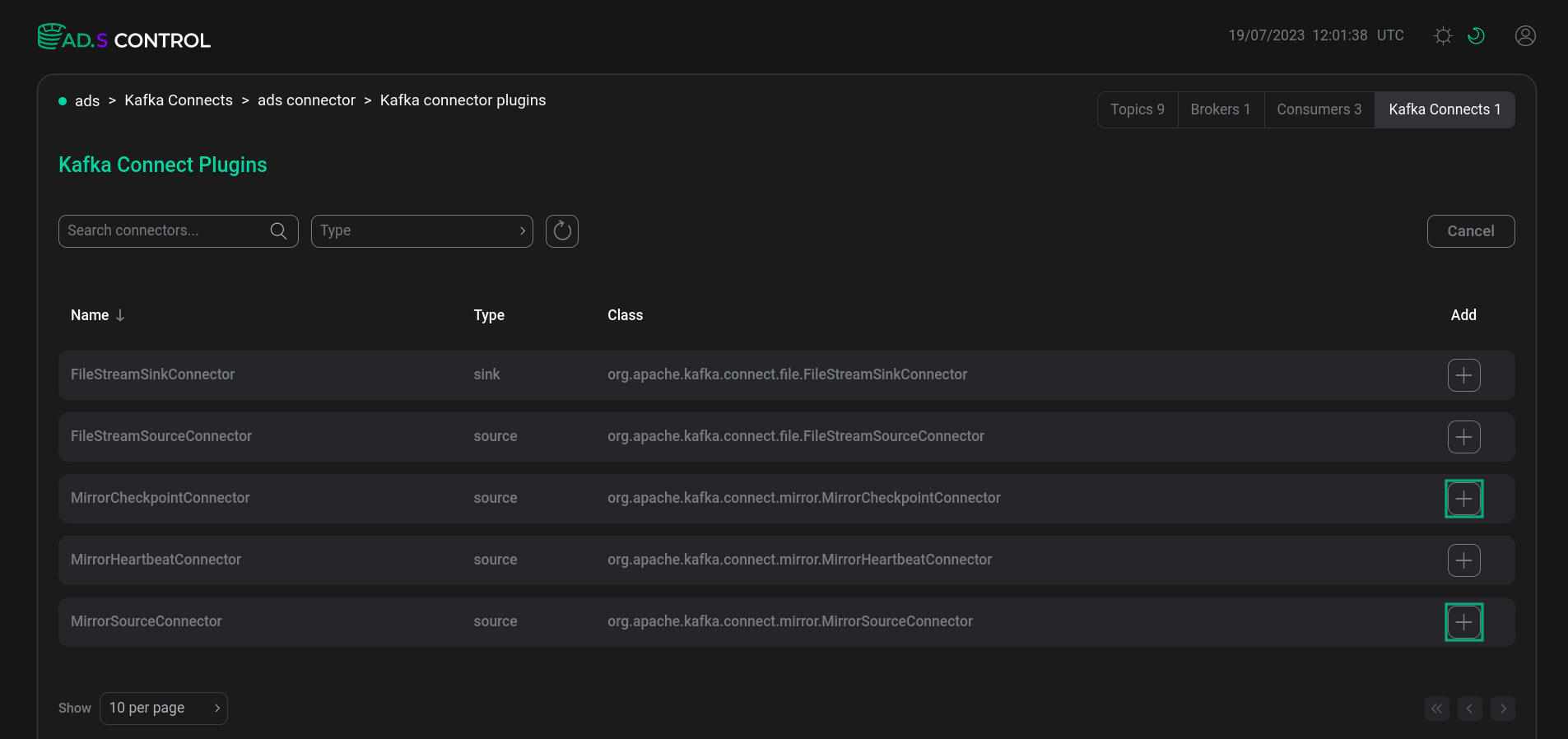 Selecting the Kafka Connect connector to create