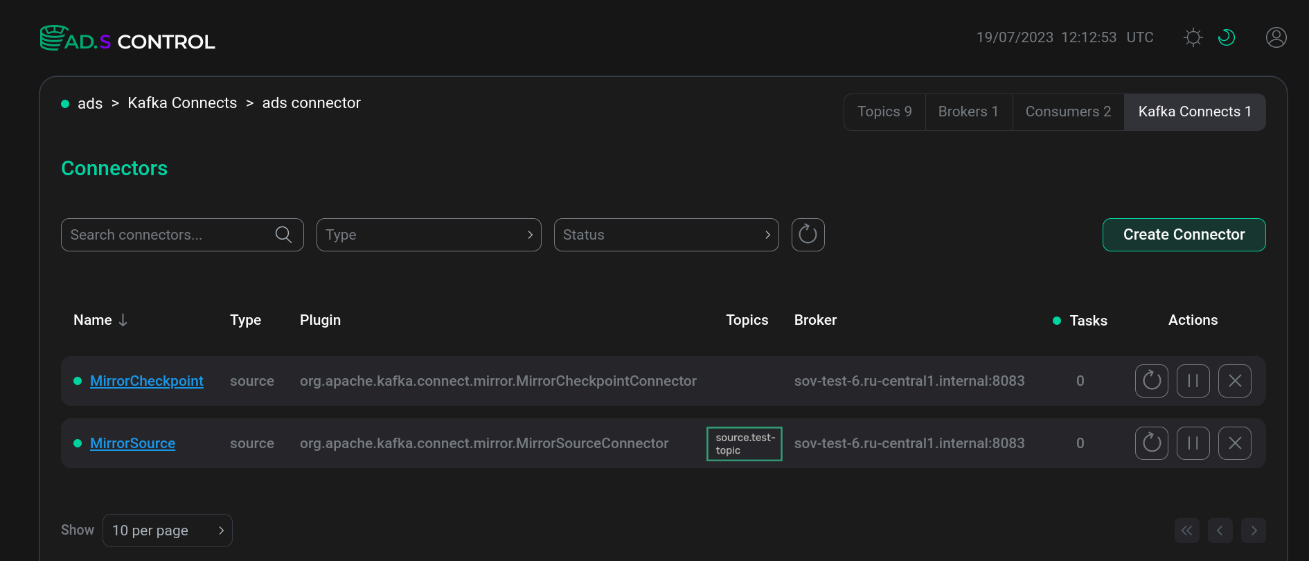 List of connectors indicating the replica topic