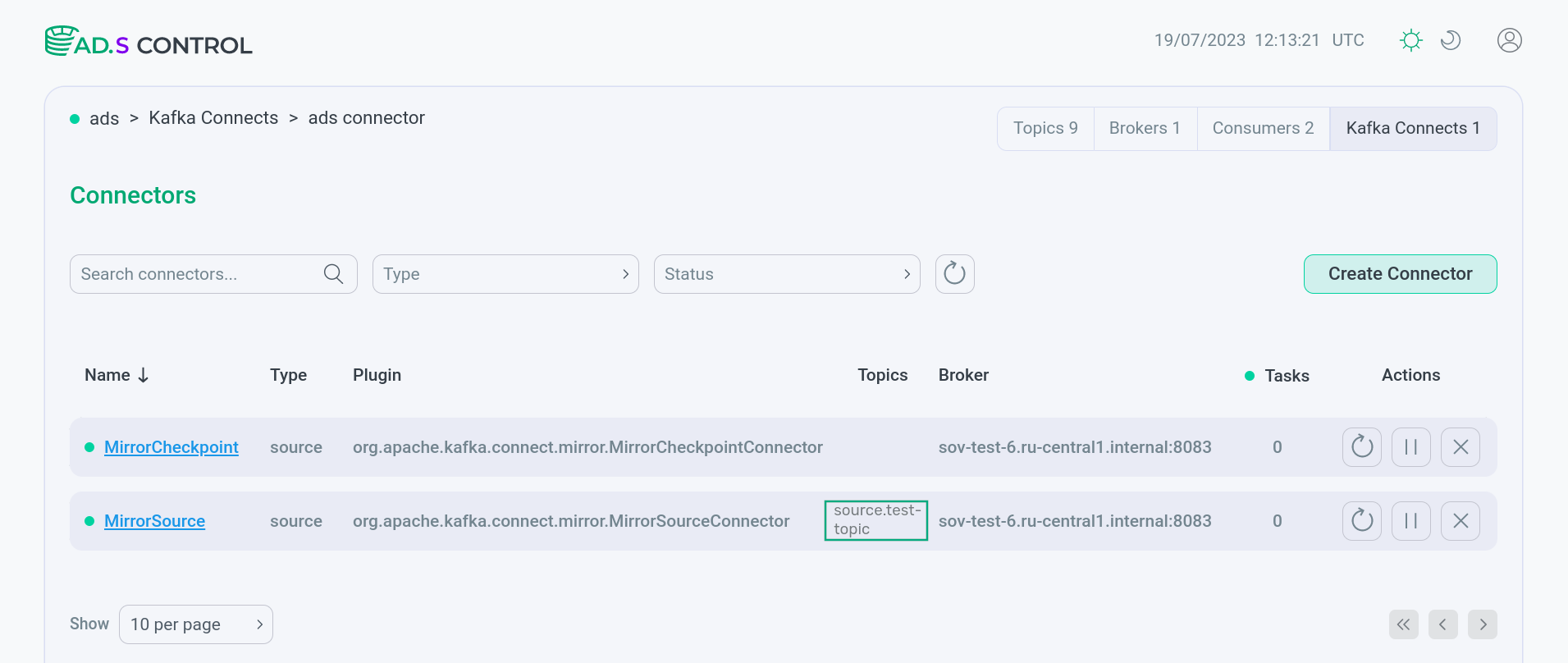 List of connectors indicating the replica topic