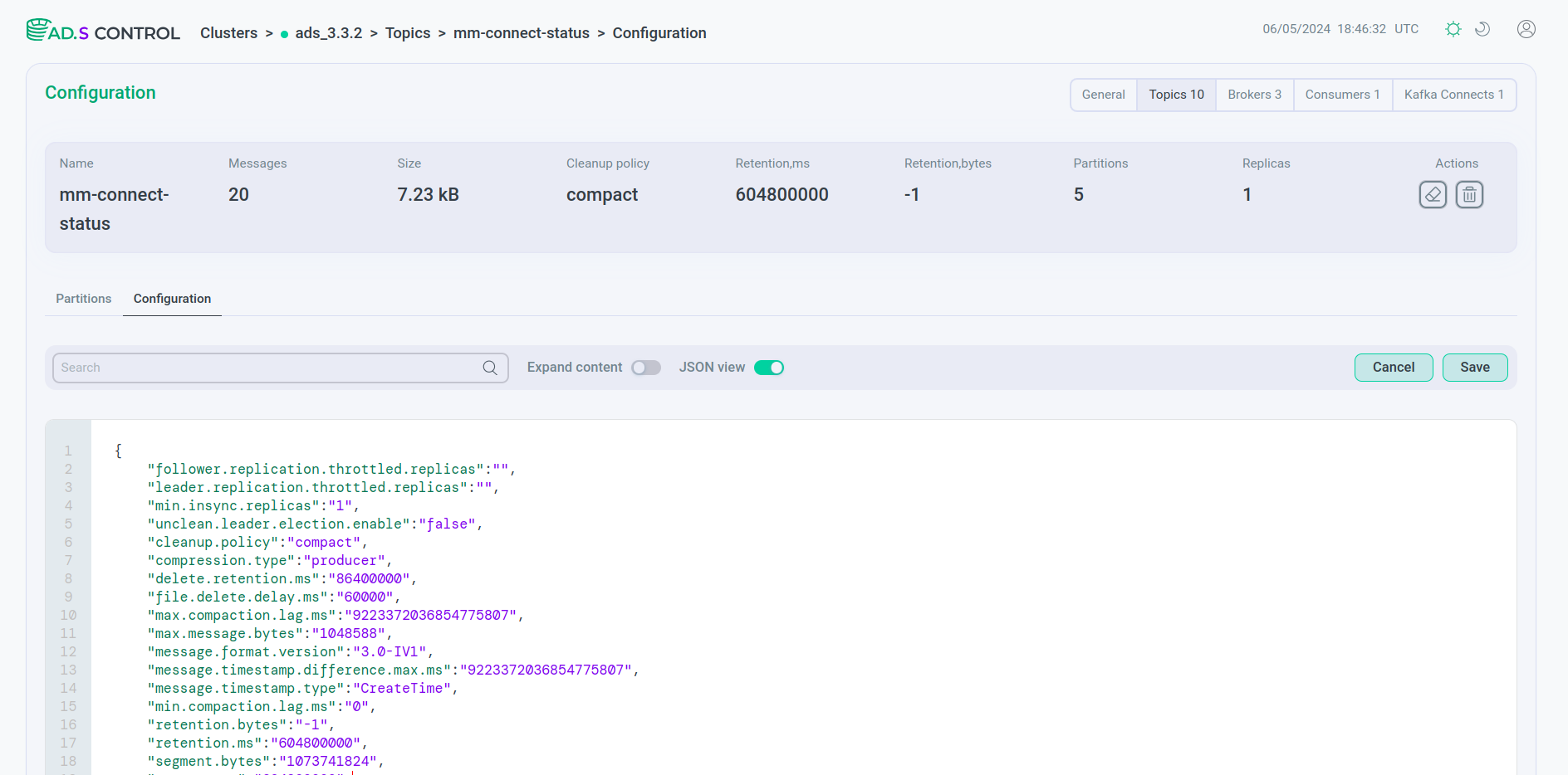 Topic parameters in JSON format