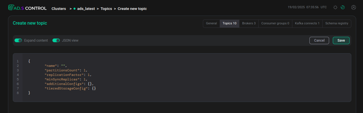 Topic creation window in JSON format