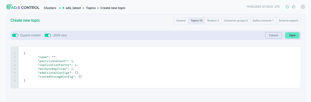Topic creation window in JSON format