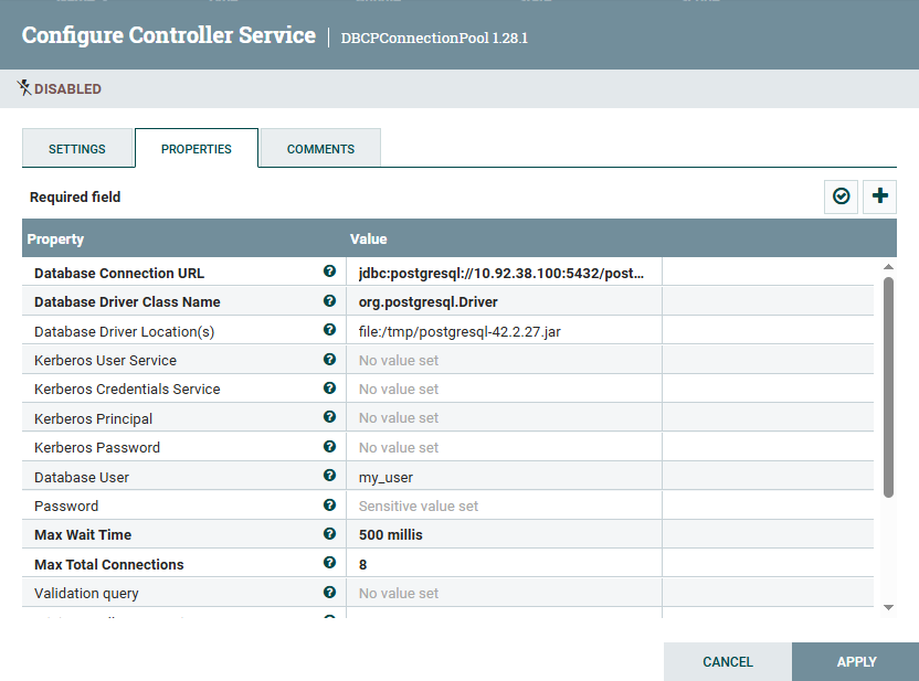 PostgresDBCPConnectionPool service configuration