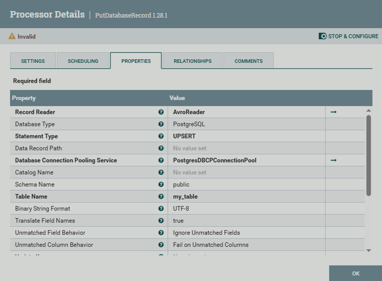 PutDatabaseRecord processor configuration