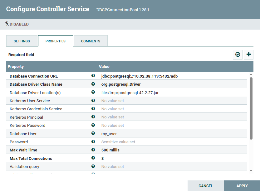 GreengageDBCPConnectionPool service configuration