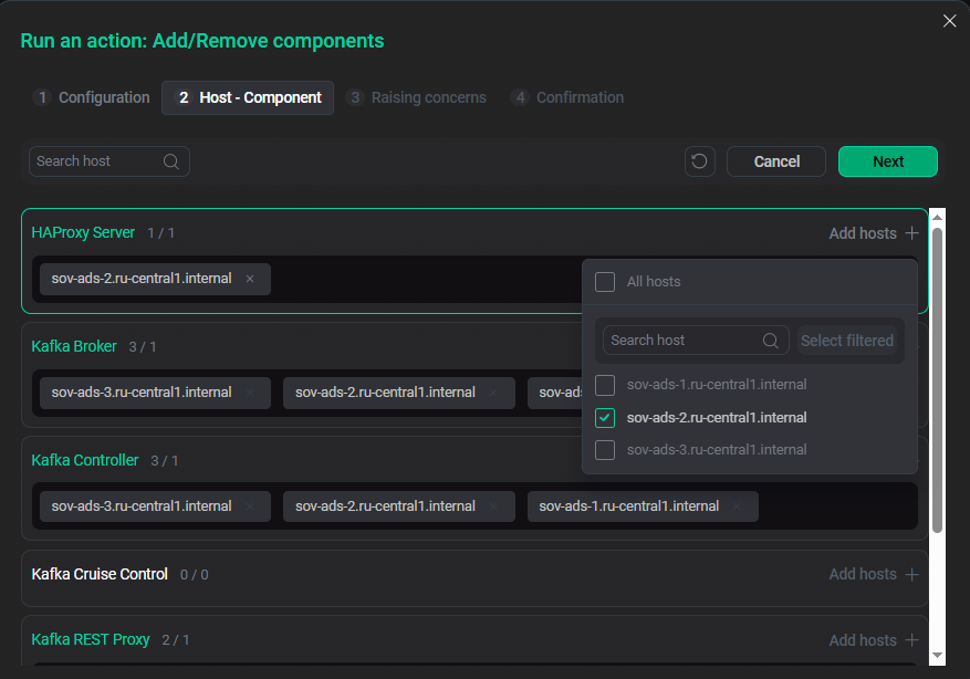 Selecting hosts for a service component
