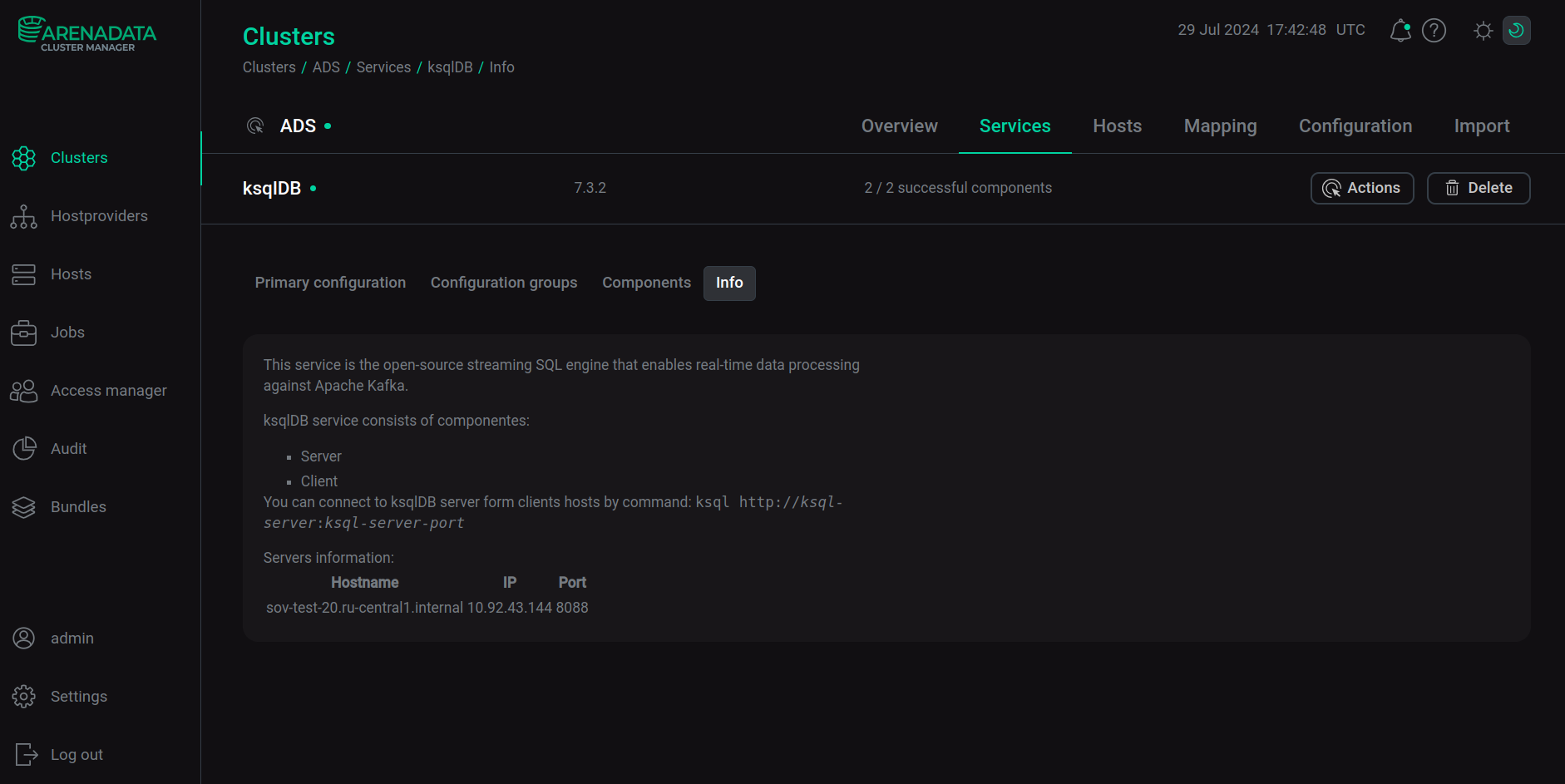 Information about the ksqlDB service in the ADCM interface