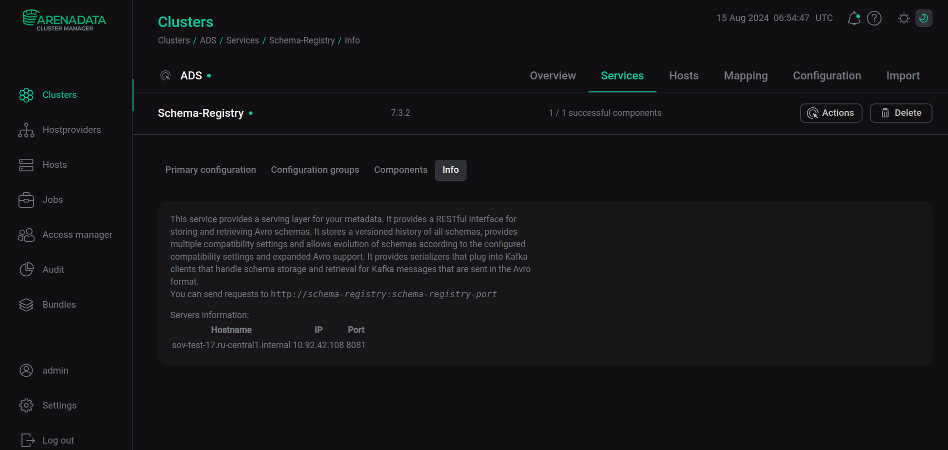 Information about the Schema Registry service in the ADCM interface