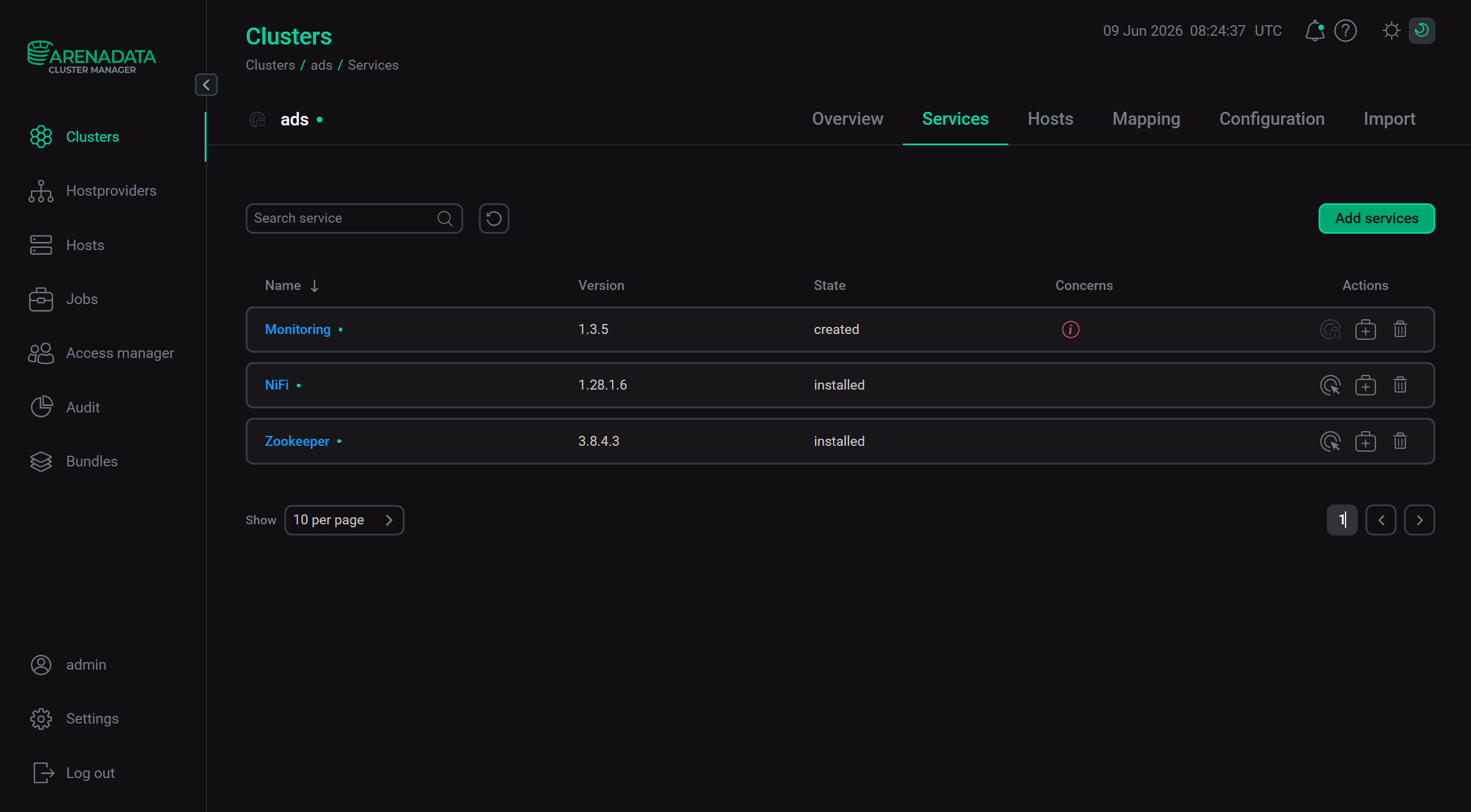 Result of successful adding the service to the cluster