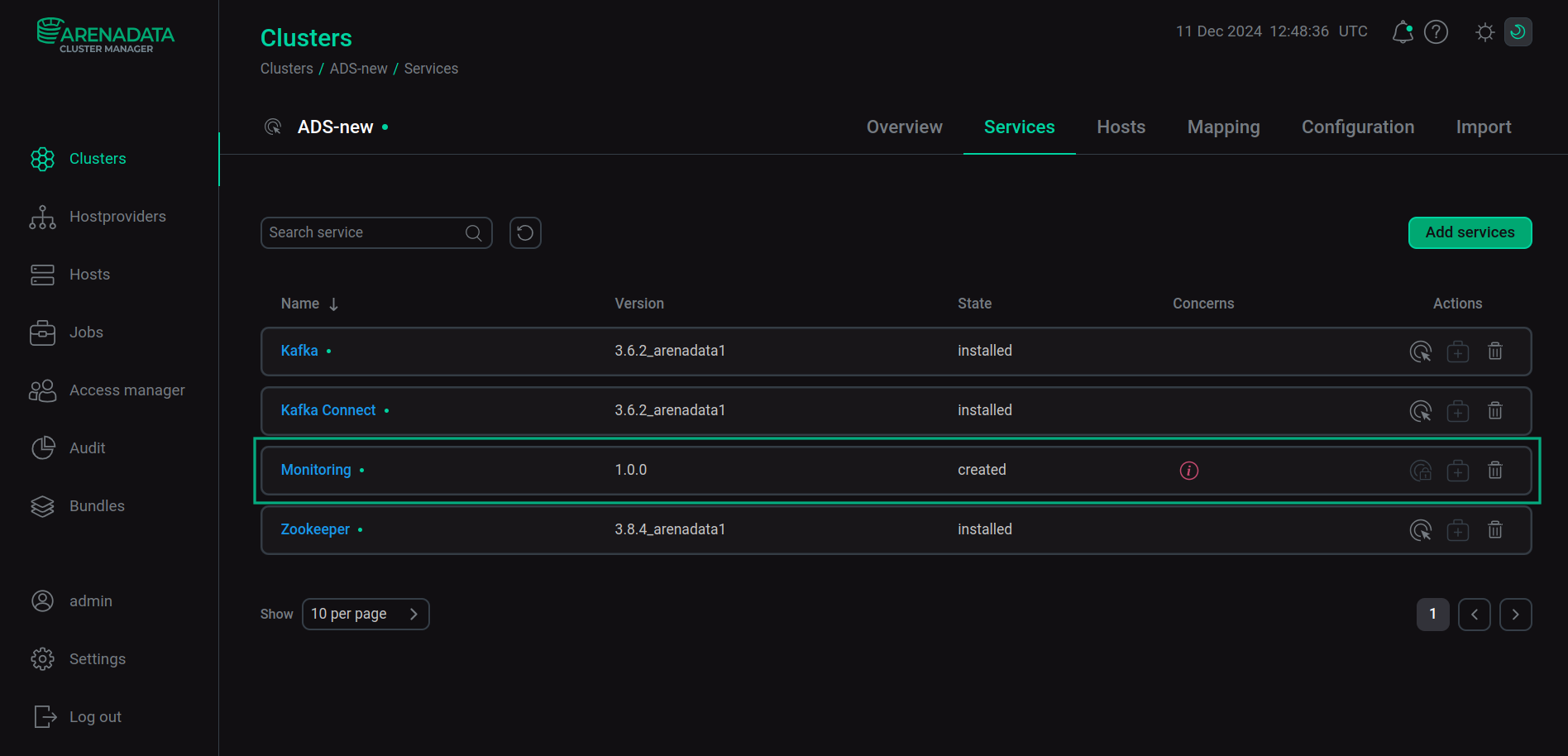 The result of successful adding the service to the cluster