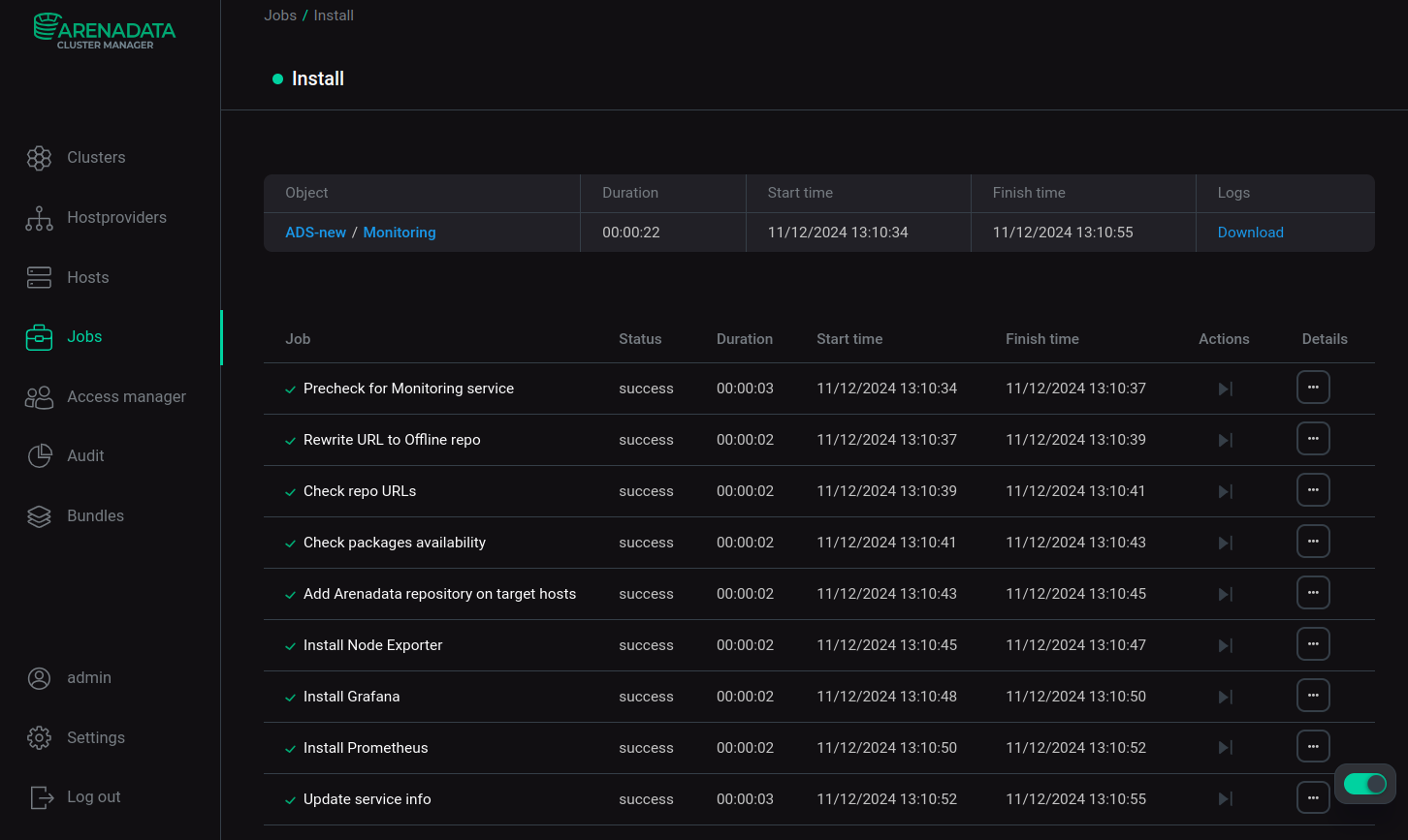 Install service job page