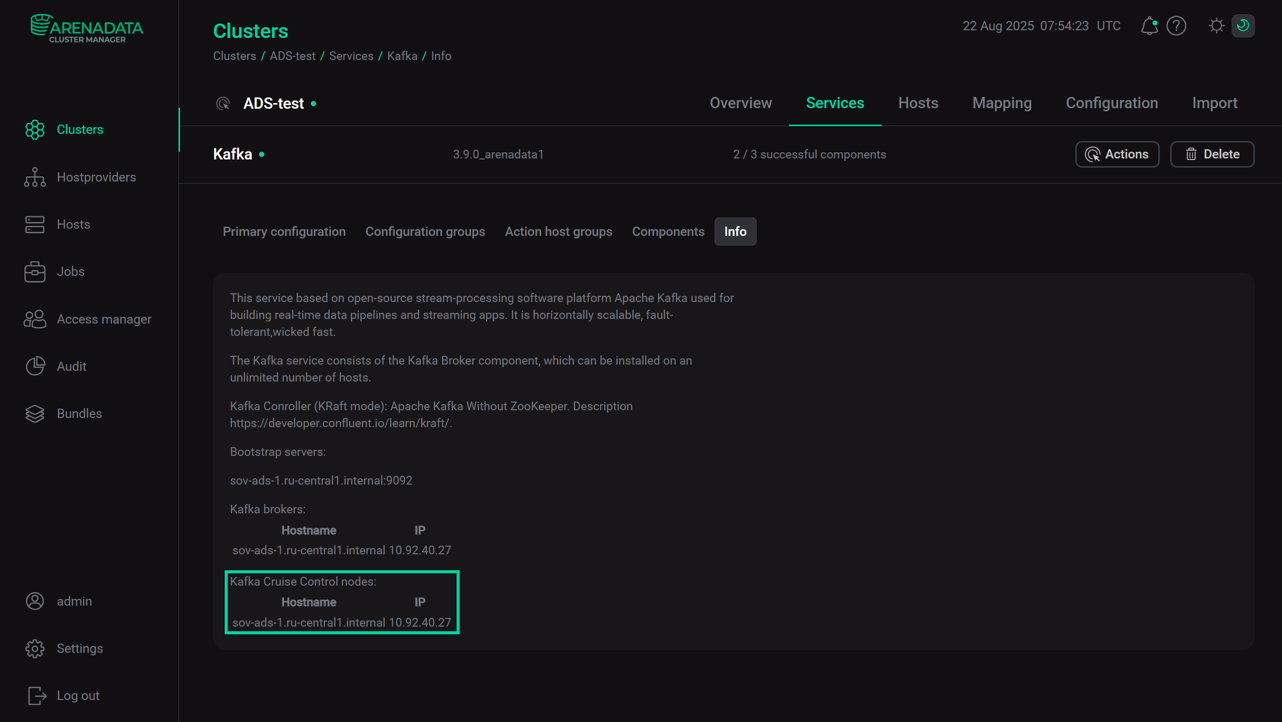Info tab of the Kafka service menu