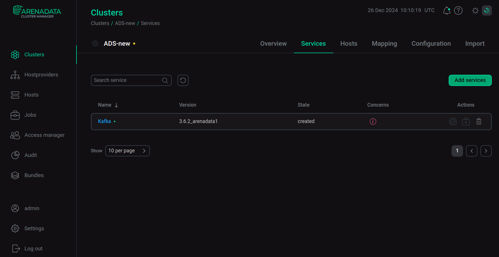 The result of successful adding the service to the cluster