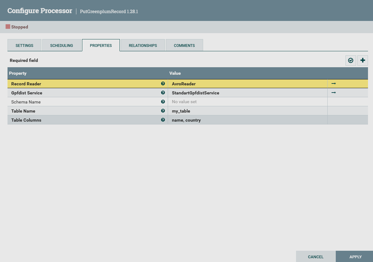 PutGreenplumRecord processor configuration