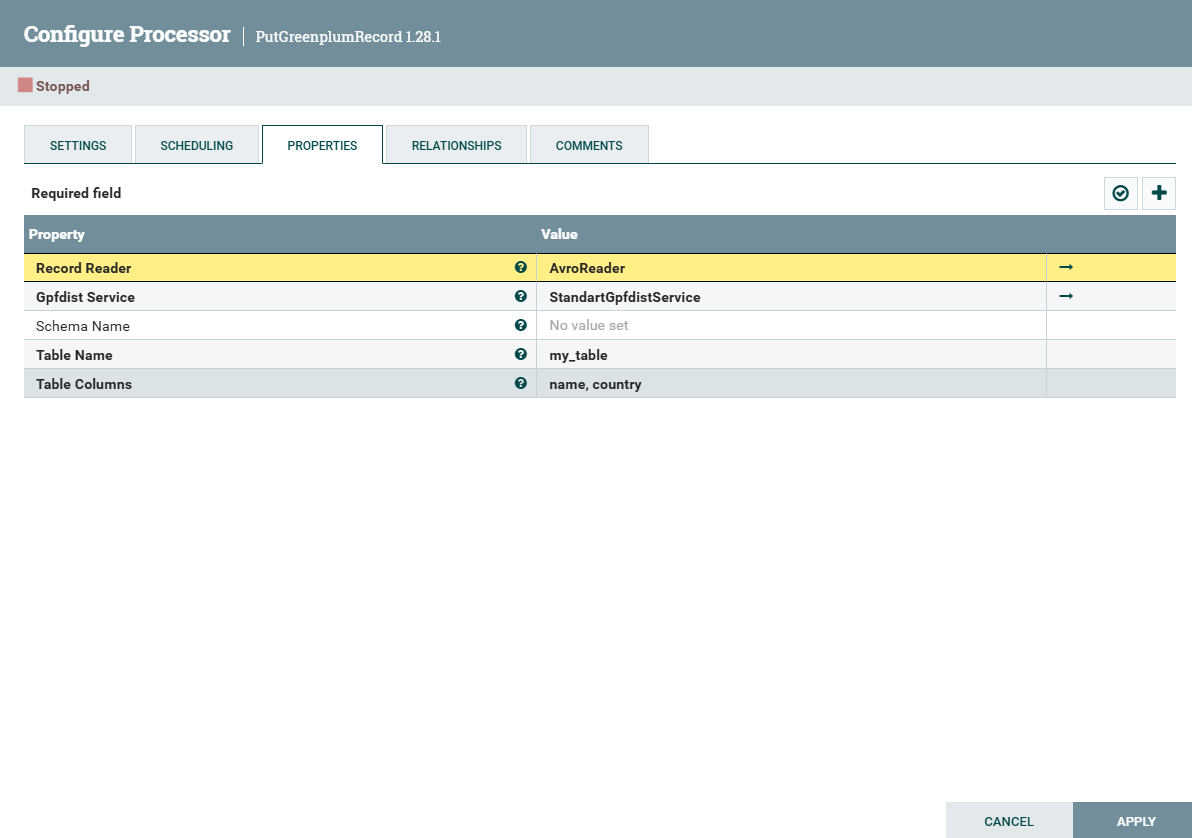PutGreenplumRecord processor configuration