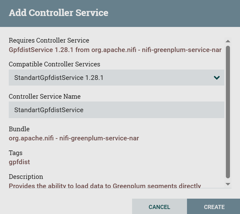 Creating an instance of the StandartGpfdistService service