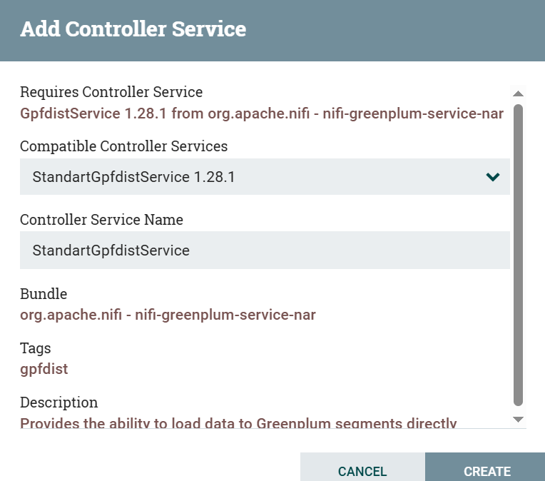 Creating an instance of the StandartGpfdistService service