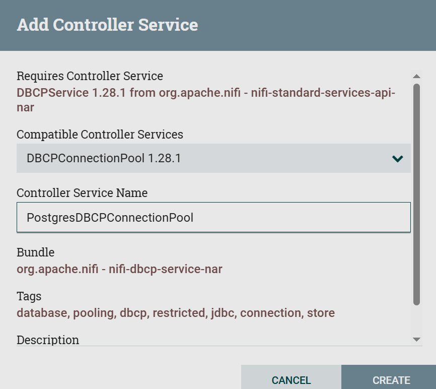 Creating an instance of the DBCPConnectionPool service
