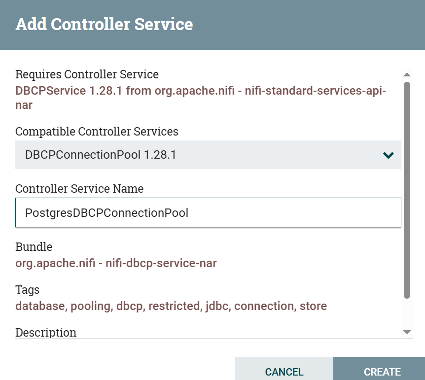 Creating an instance of the DBCPConnectionPool service