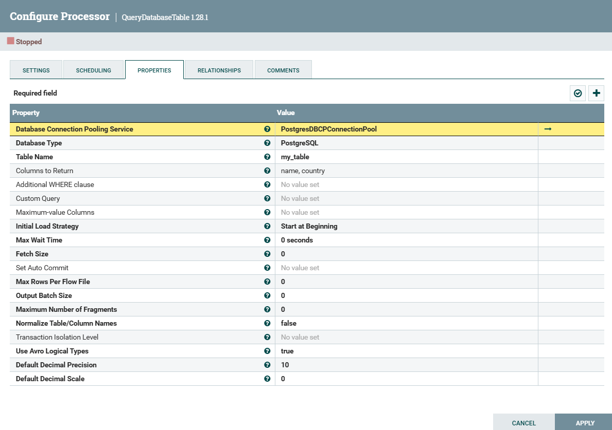 QueryDatabaseTable processor configuration