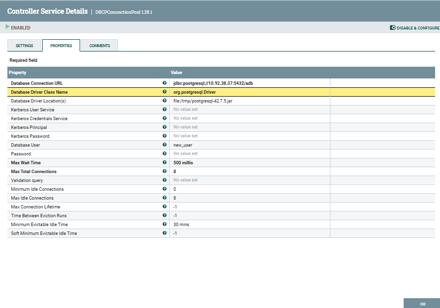 GreenplumDBCPConnectionPool service configuration