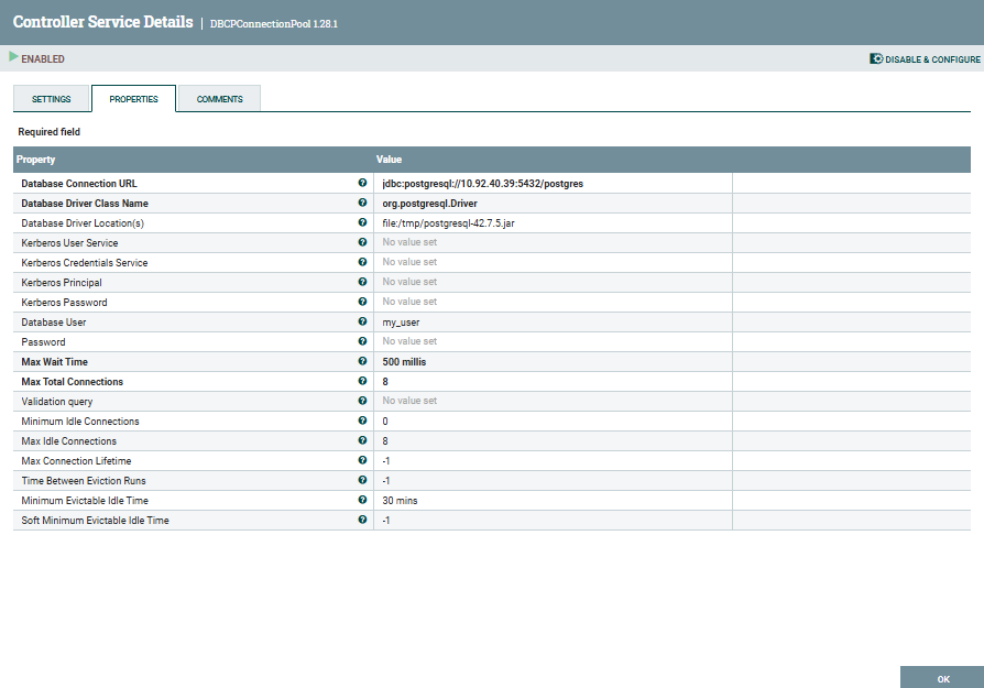PostgressDBCPConnectionPool service configuration