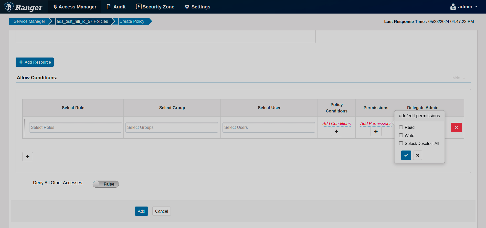 Allow Condition section of the Create Policy window