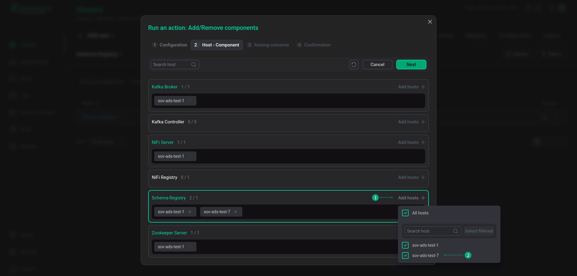 Selecting hosts for a service component