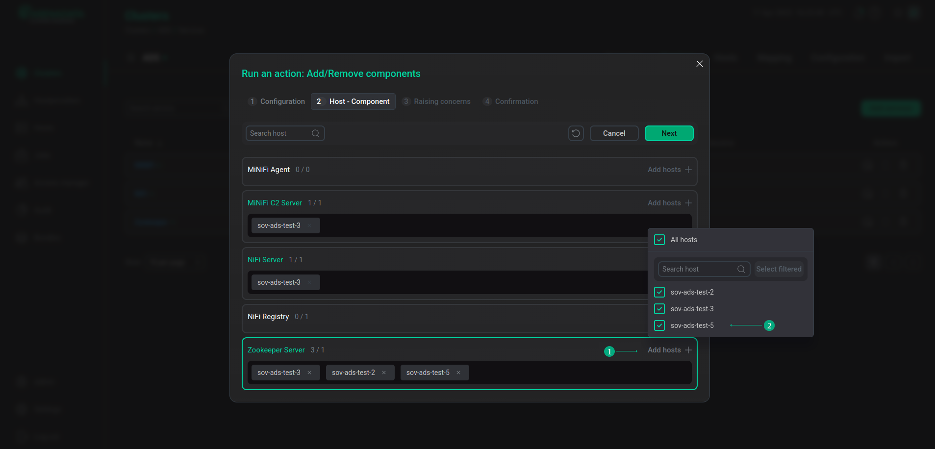 Selecting hosts for a service component