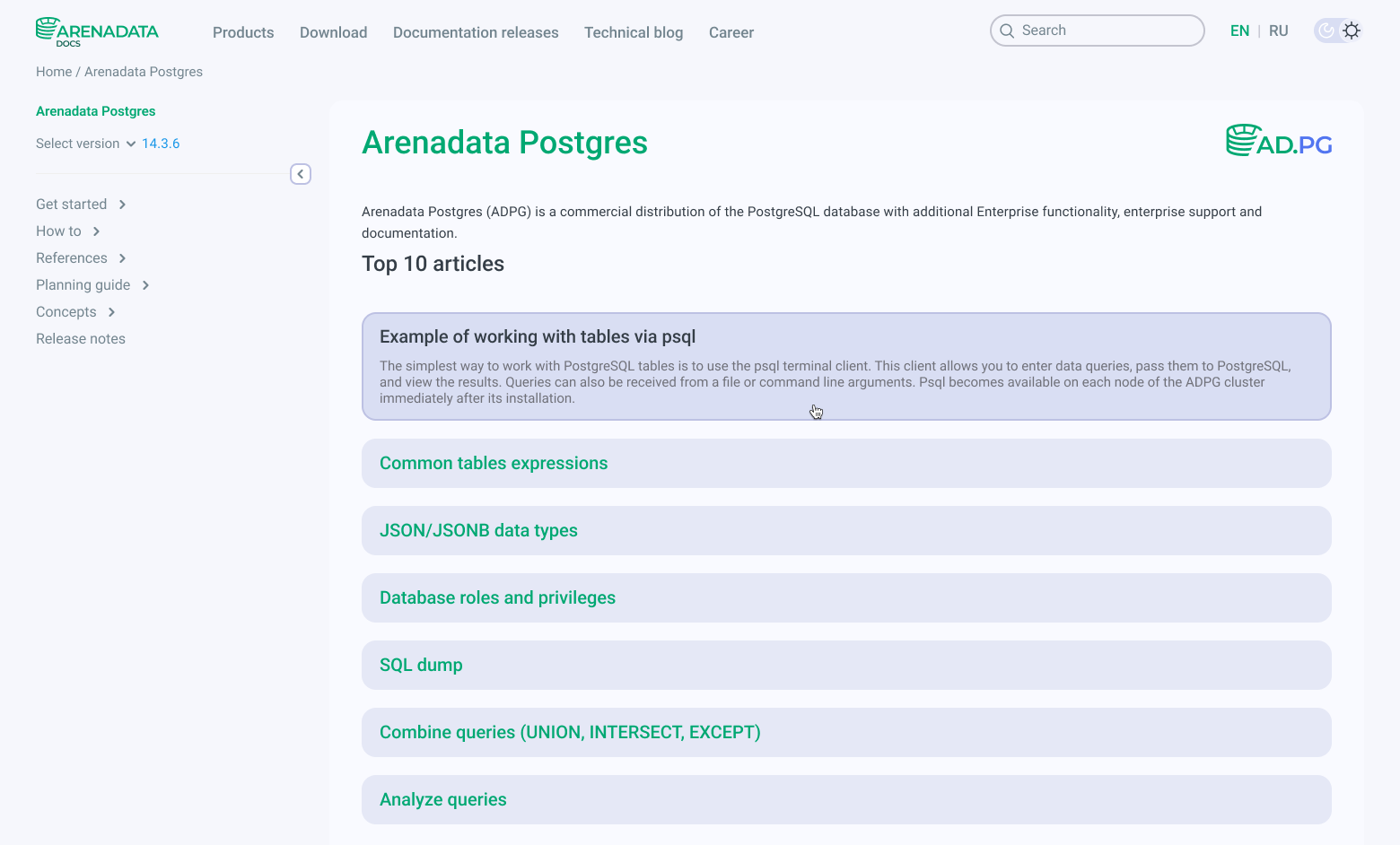 TOP-10 articles on the home page of each product