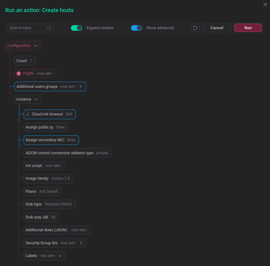 The Run an action: Create hosts window