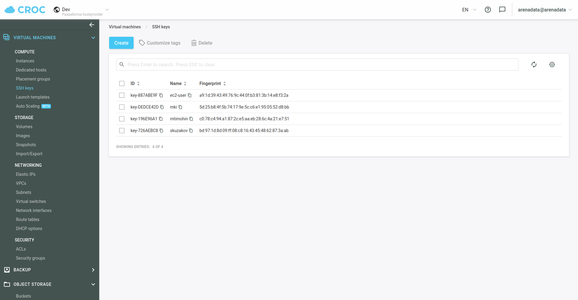 The SSH keys page with the ec2-user key in the CROC Cloud console