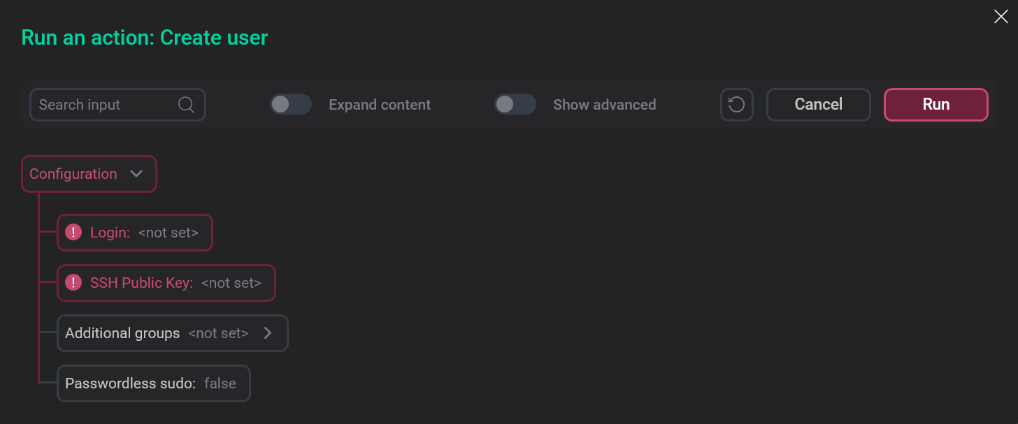 The Create user action form