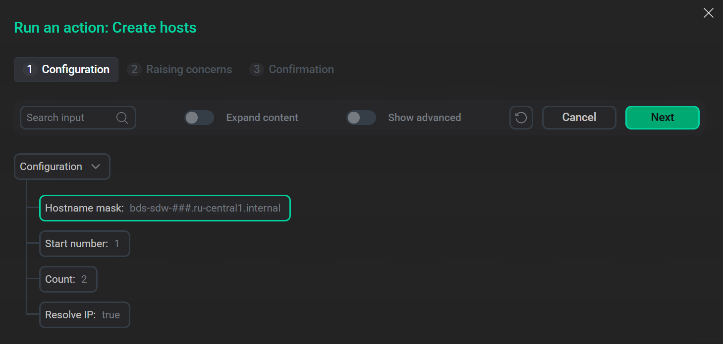 The Create hosts action form