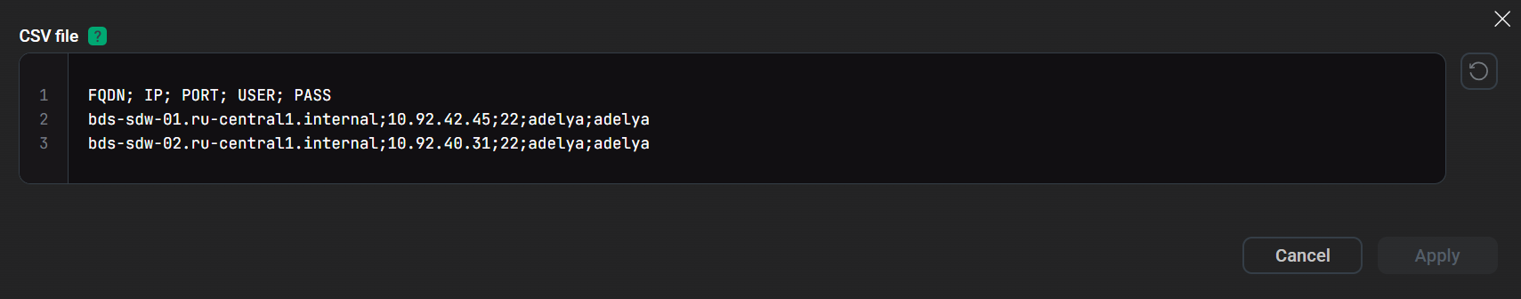 The CSV file dialog window