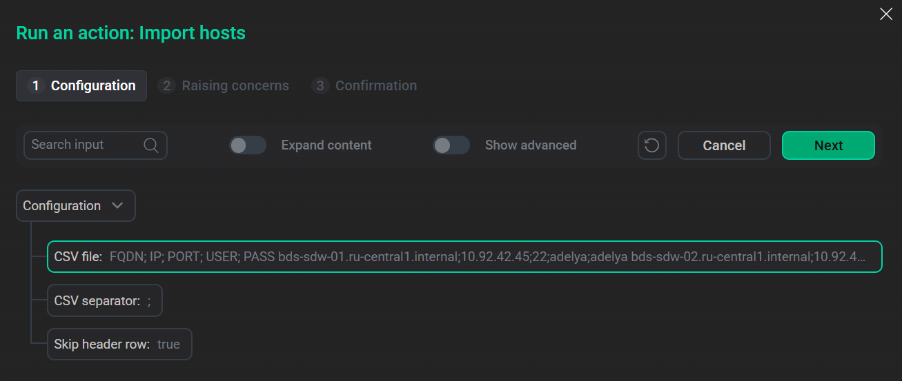 The Import hosts action form