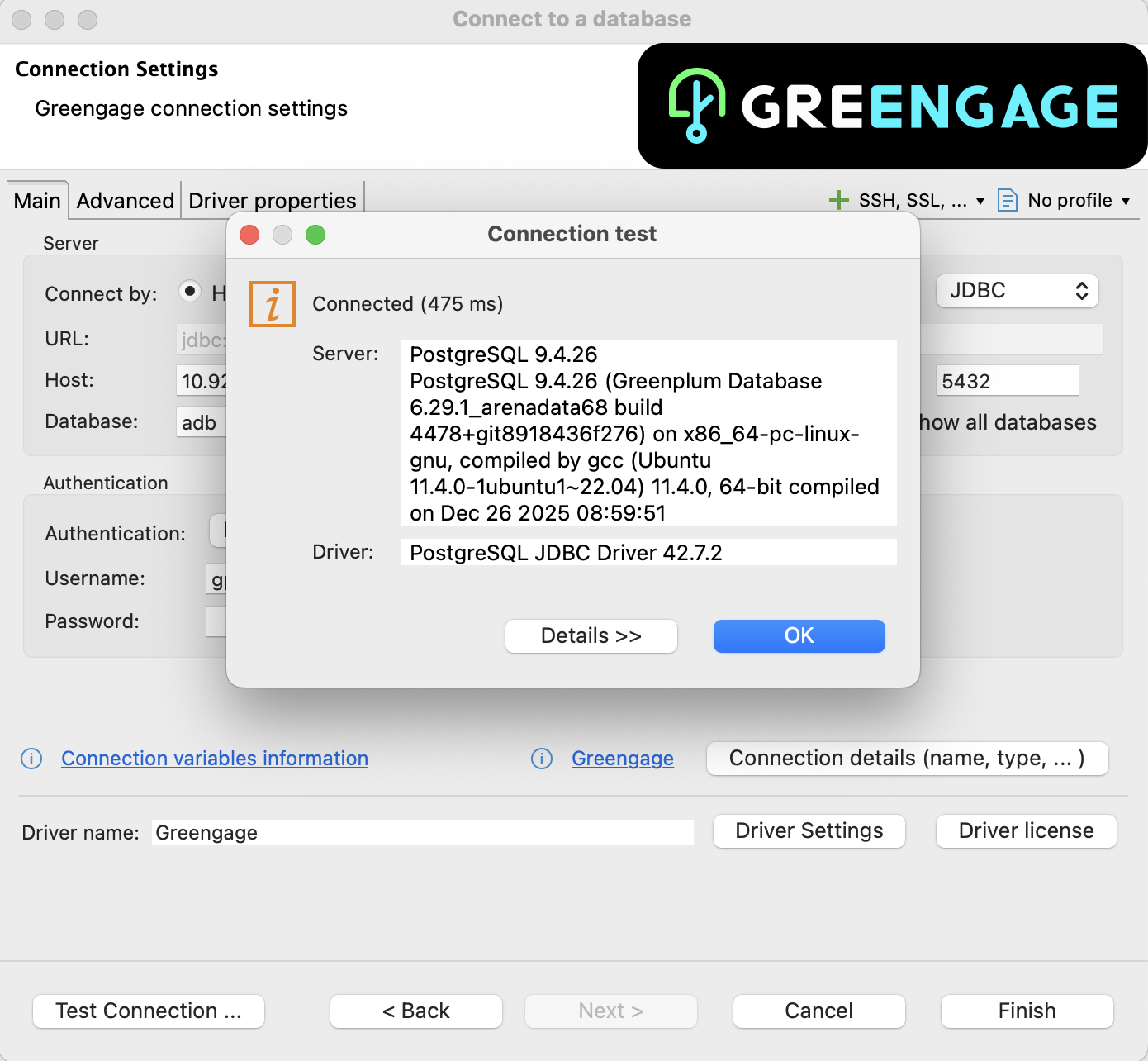 Успешное подключение через DBeaver