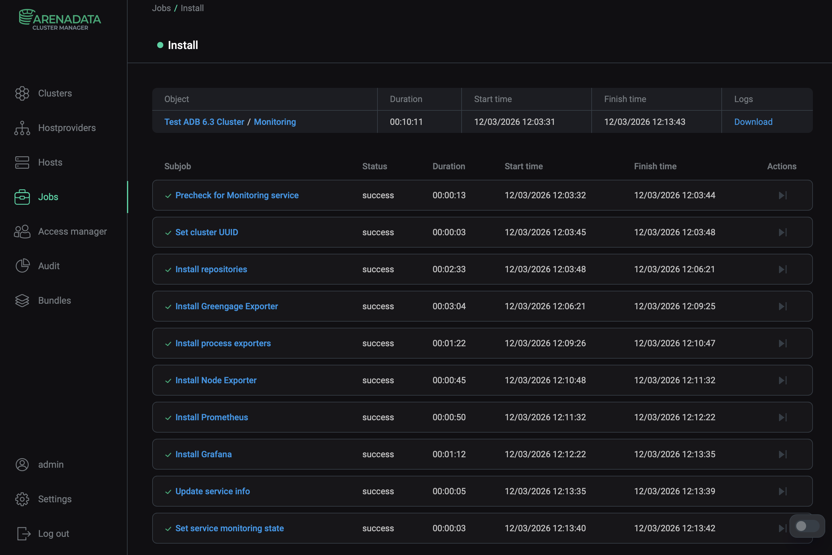 .Страница задачи Install