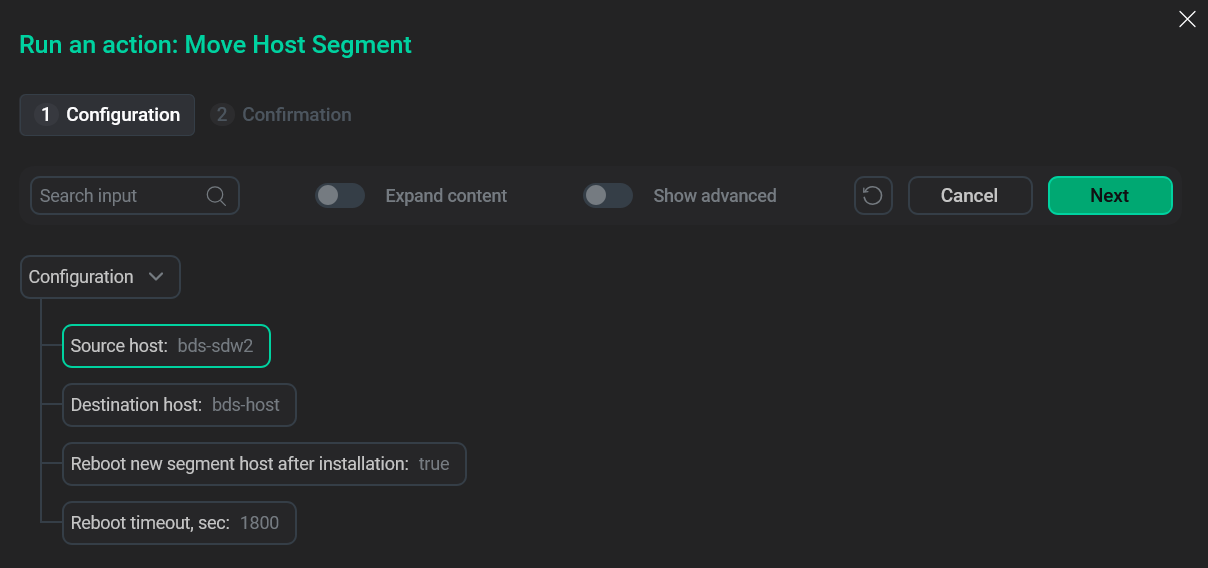 Окно для ввода параметров действия Move Host Segment