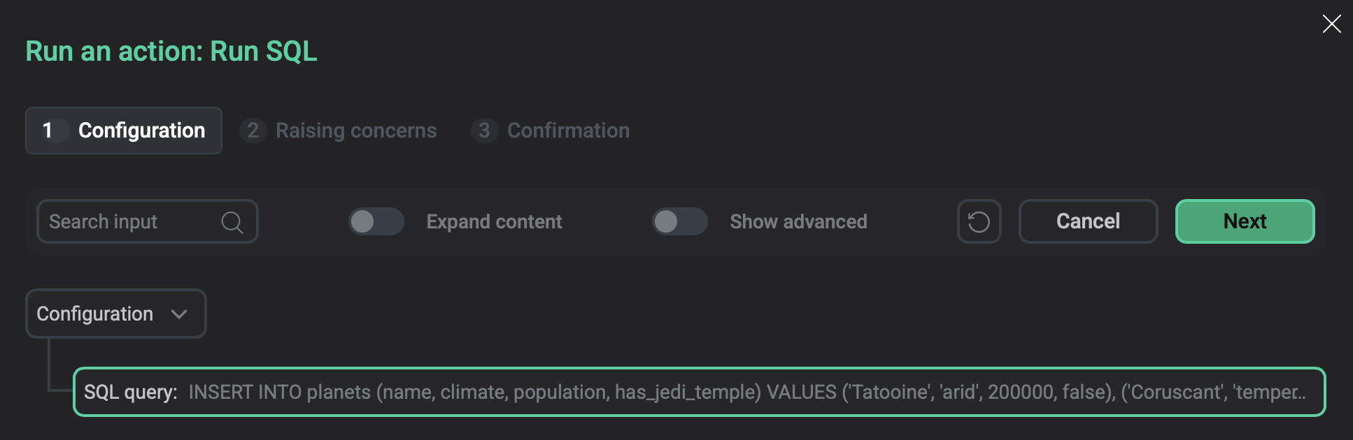 Окно Run SQL