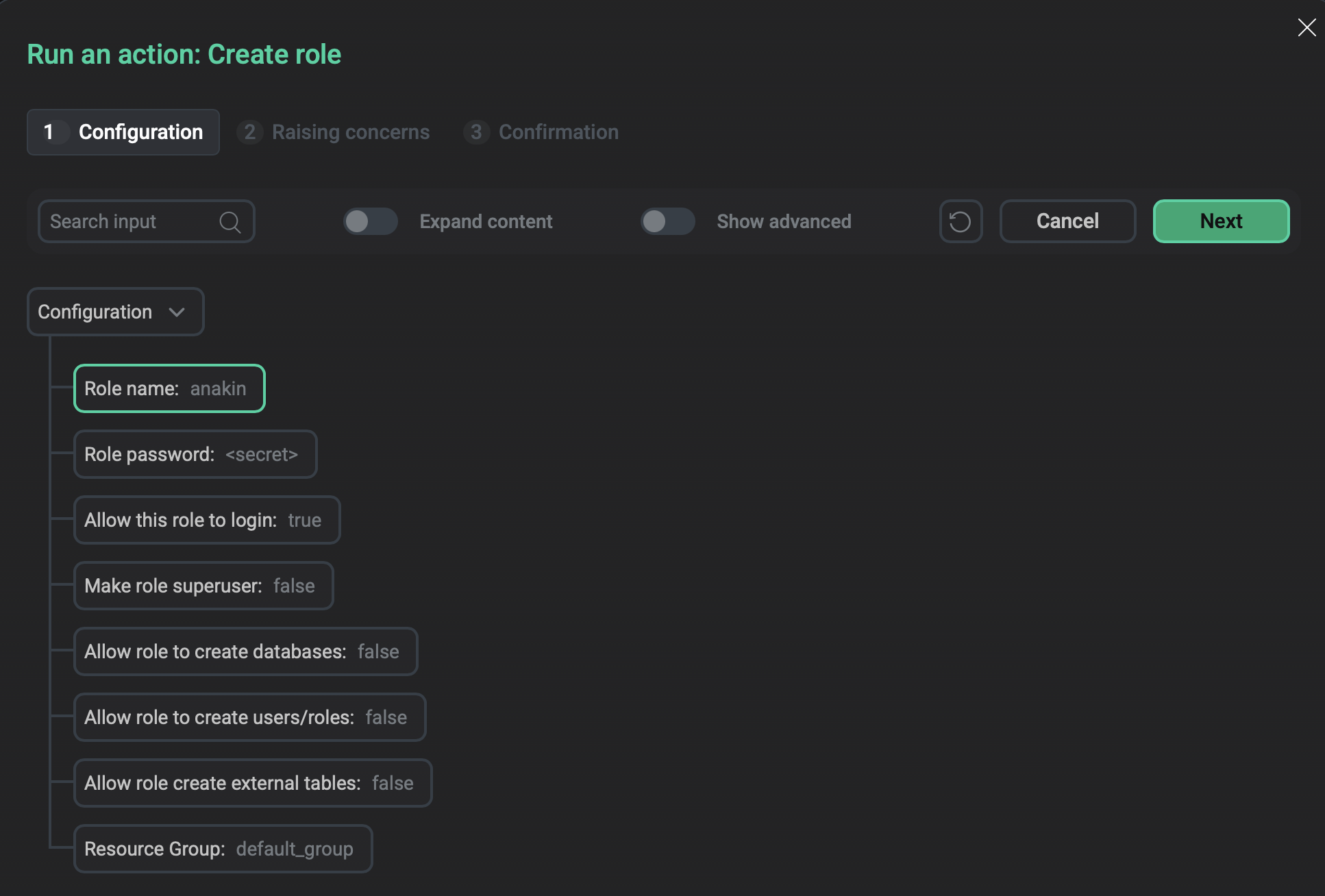 Окно Create role