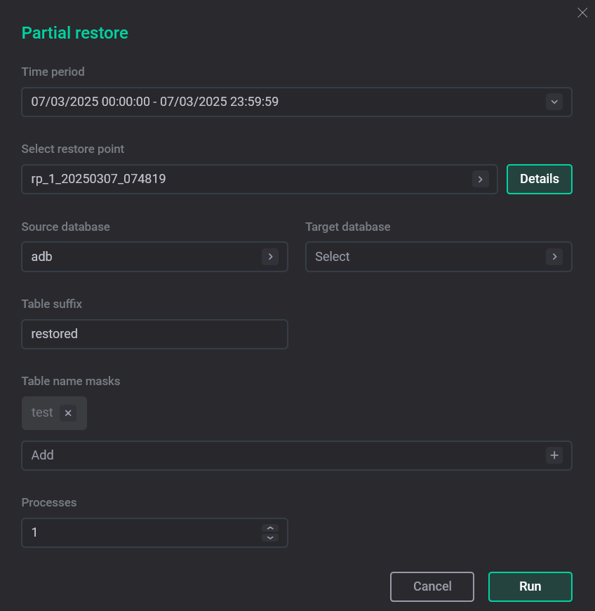 Форма действия Partial restore